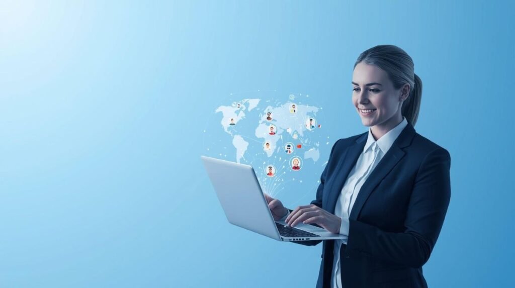 A business person connecting with customers globally using futuristic technology