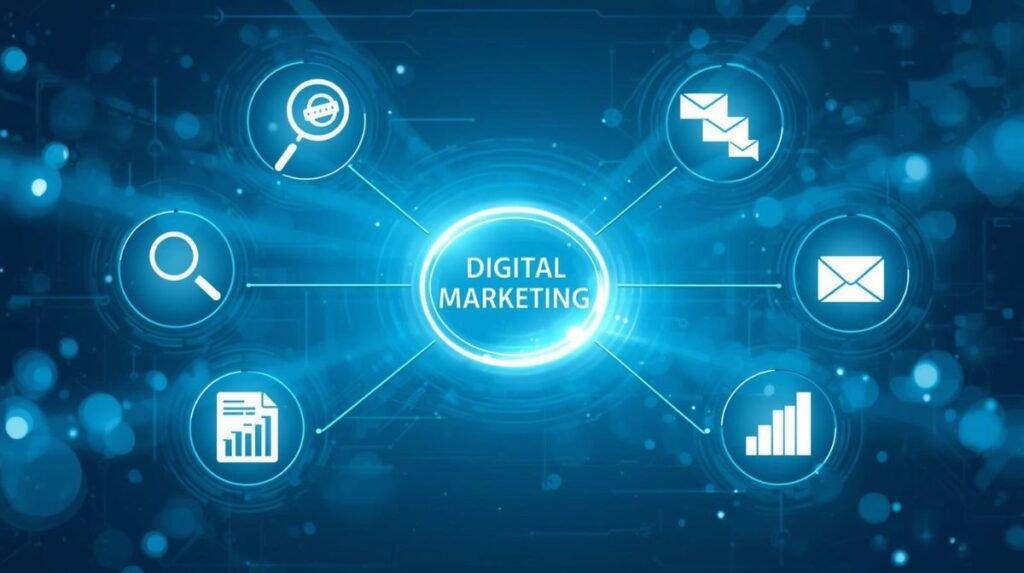 Modern digital marketing ecosystem with SEO SMM Email and Analytics icons