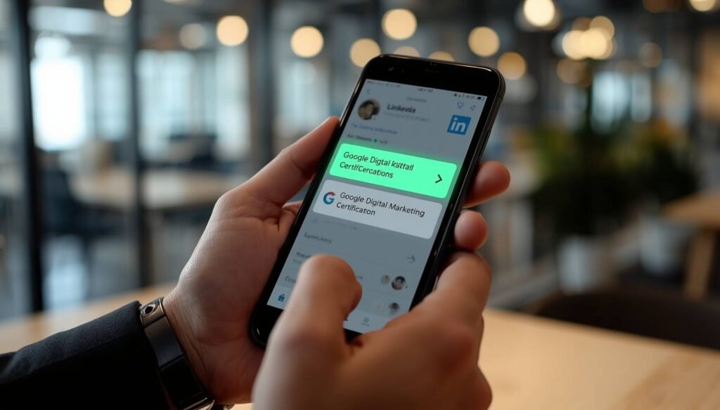 LinkedIn profile showing the Google Digital Marketing Certificate for career growth