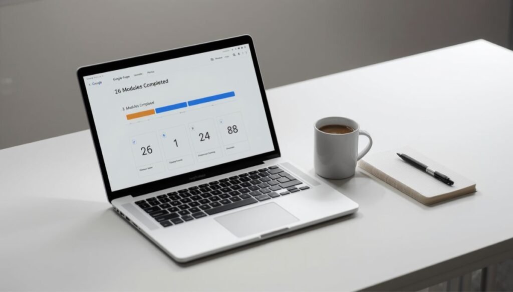 Laptop screen showing 26 modules completed for Google Digital Marketing course