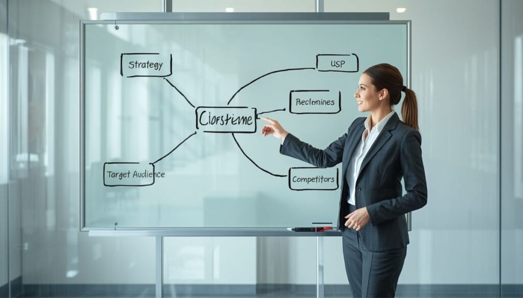 Professional planning an online business strategy on a whiteboard